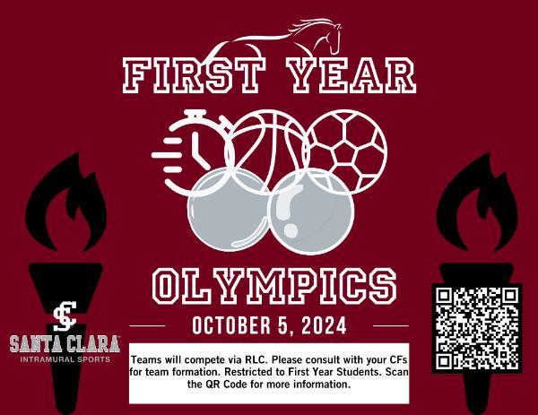 Image of first year olympic information flyer that shows olympic rings created from sports equipment and has the dates and contact info for the event.