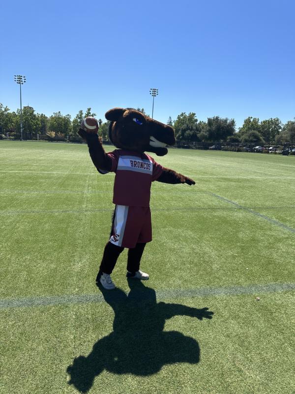 Bucky on Bellomy Field posing in a throwing motion with a football.