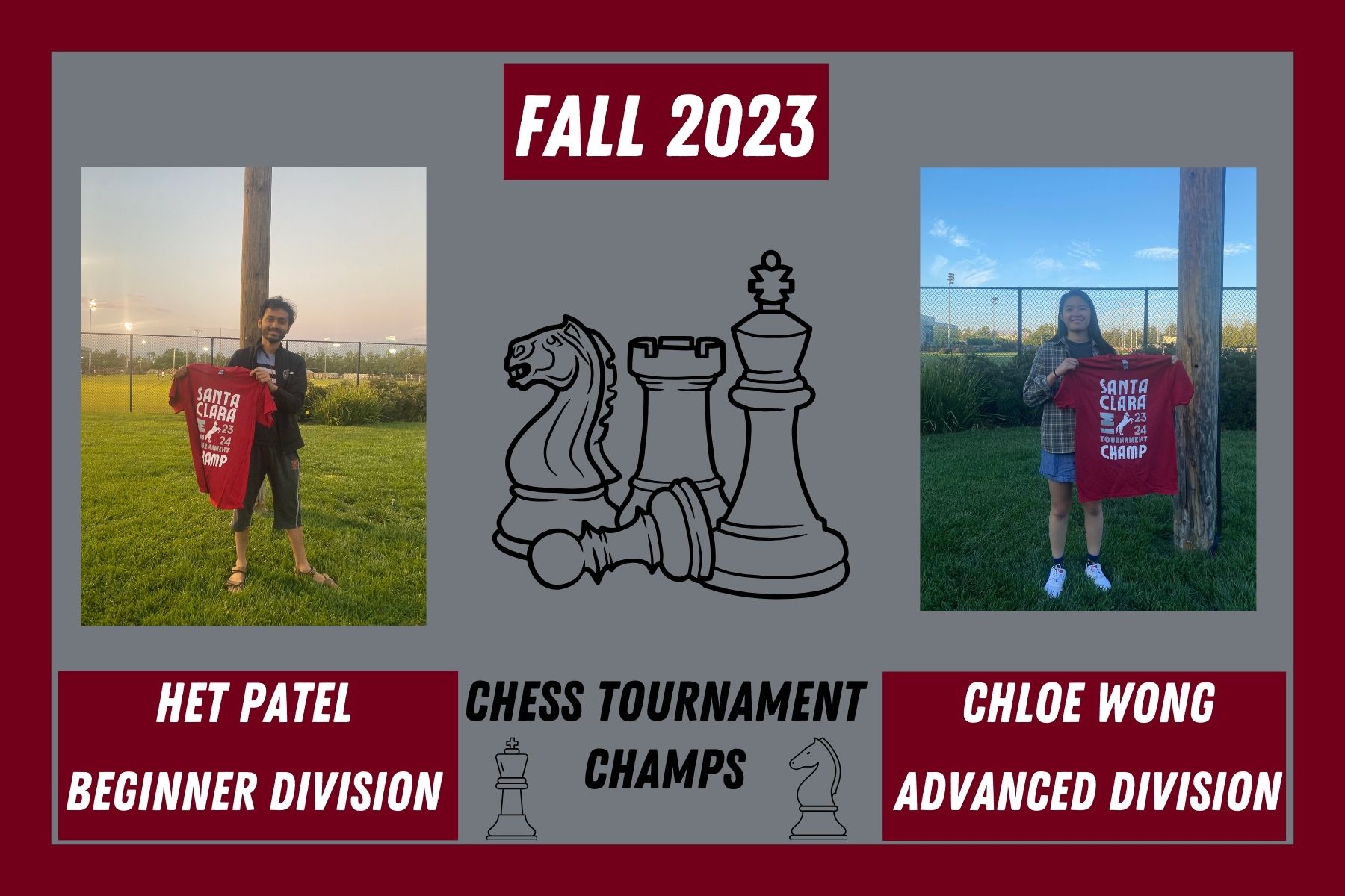 Photos of both IM Chess tournament winners, Het Patel and Chloe Wong posing with their IM Champion T Shirts