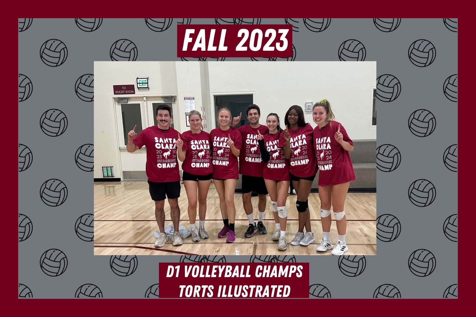 Photo of D1 IM Volleyball champs, Torts Illustrated, posing with their IM Champion T shirts