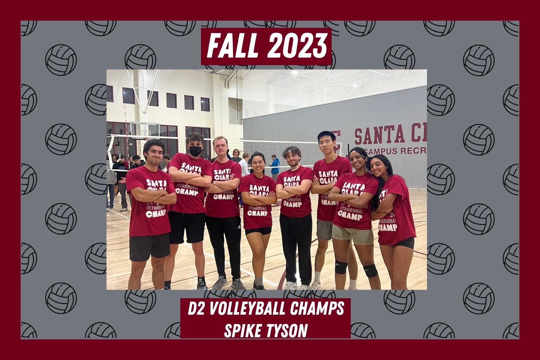 Photo of the D2 IM Volleyball league champs, Spike Tyson, posing with their IM Champion t shirts