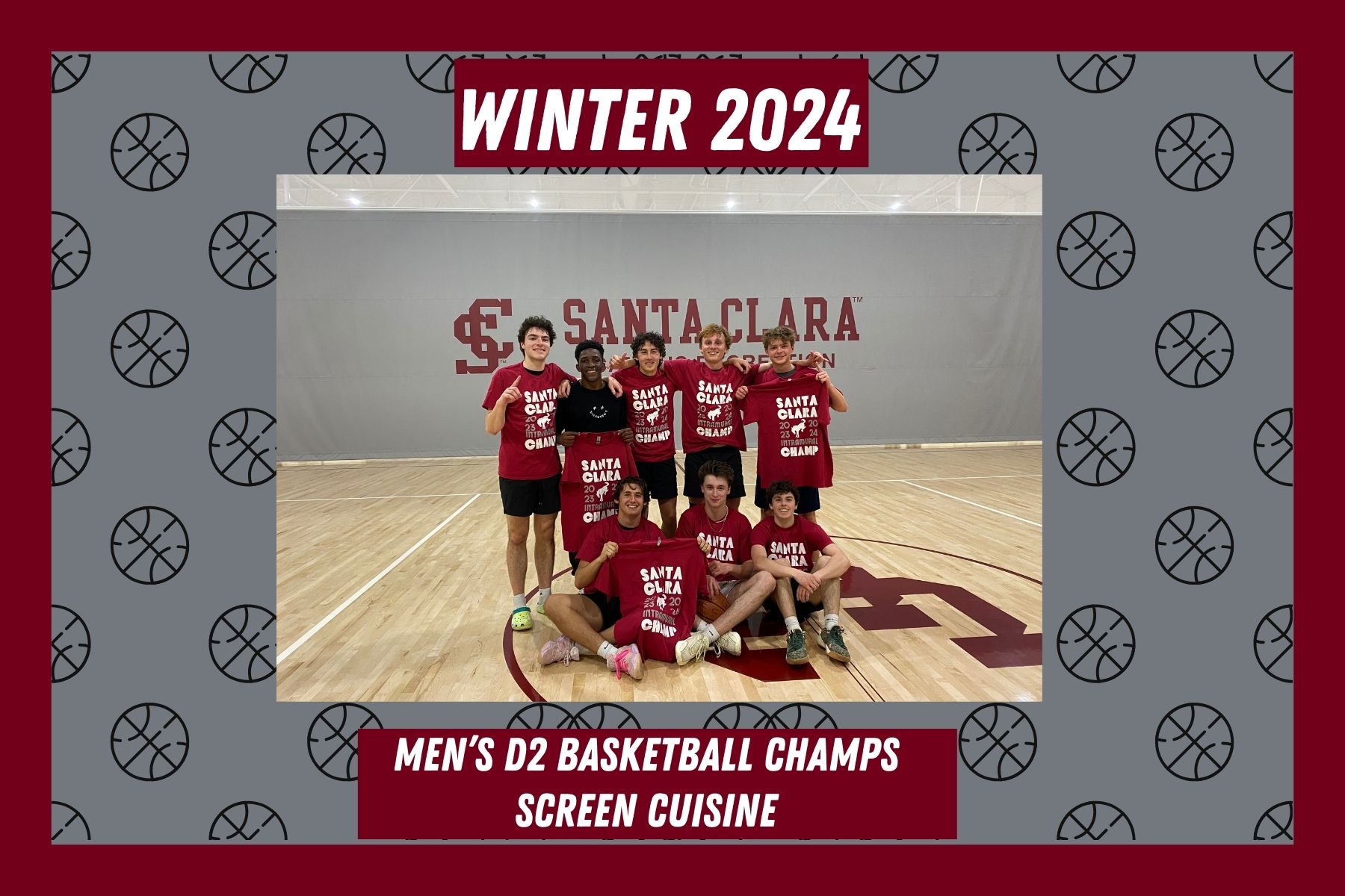Photo of D2 Men's Basketball champs, screen cuisine, posing on the Malley Courts with their IM Champion T-Shirts.