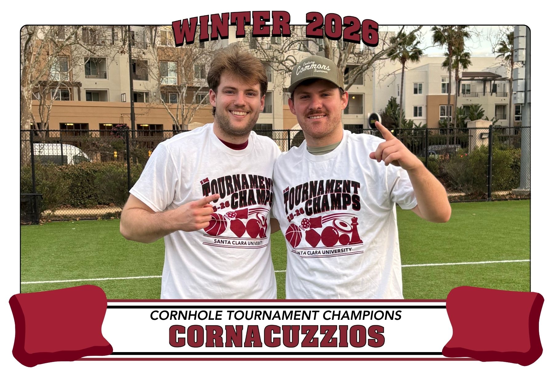 Photo of IM cornhole champs, Cornacuzzios, posing on Bellomy with their championship t-shirts.