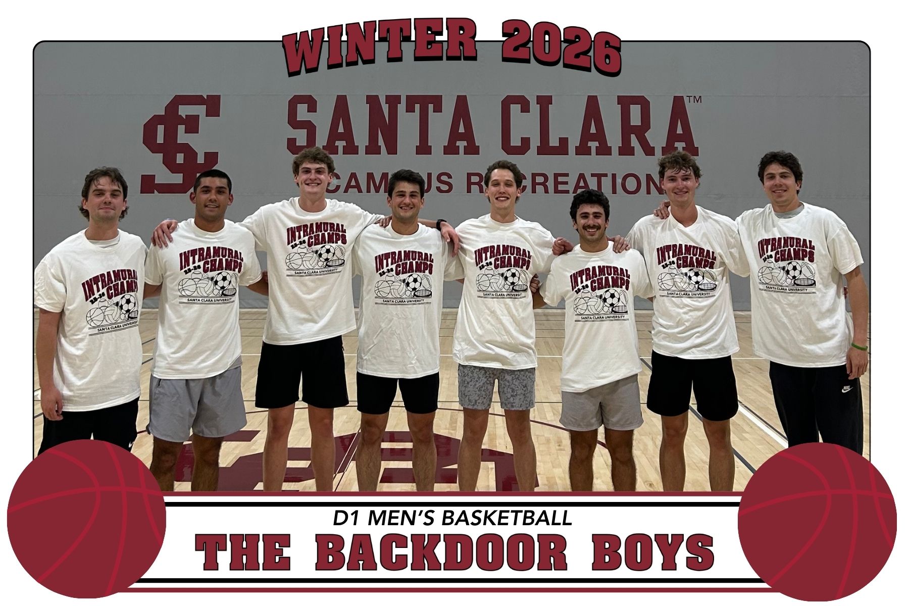 Photo of IM Basketball champs, The Backdoor Boys, posing in Malley with their championship t-shirts.