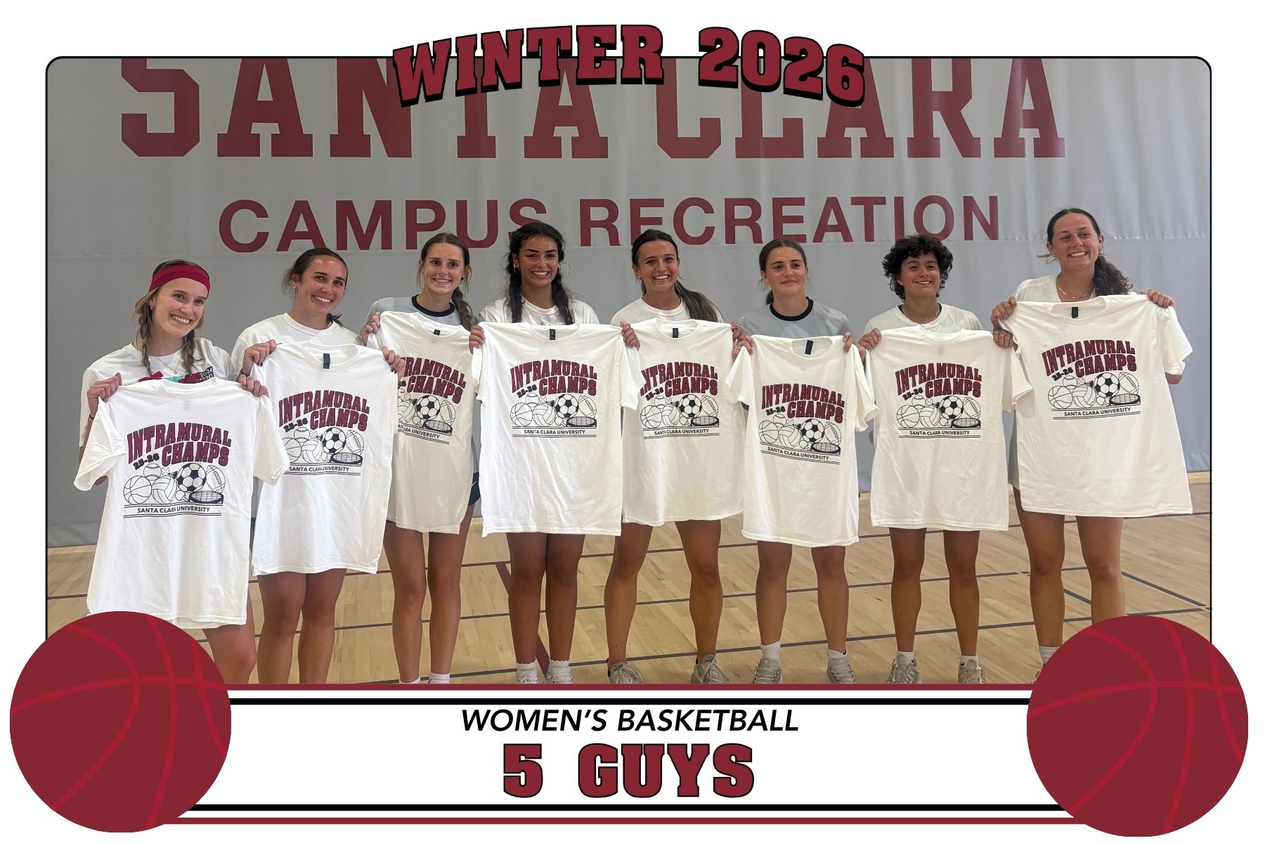 Photo of IM Basketball champs, 5 Guys, posing in Malley with their championship t-shirts.