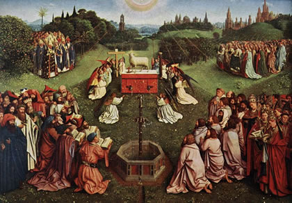 Adoration of the Lamb, Ghent Altarpiece, St. Bavo Church, Ghent, 1425-29