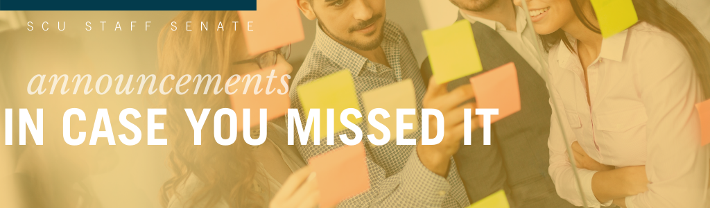 Text: Announcements: In Case You Missed It. Background: People with sticky notes.