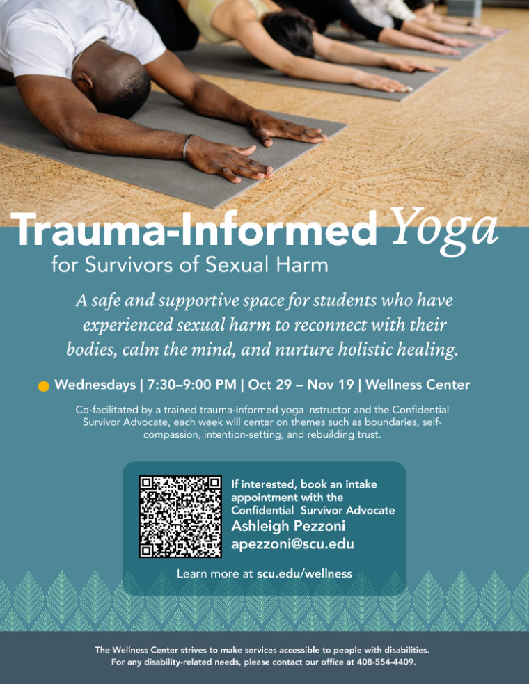 People doing yoga with a description for a trauma-informed yoga group
