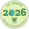 Round button with text 20 Years #Sustainable SCU 2026 since 2006 with smiling glove and a green heart.