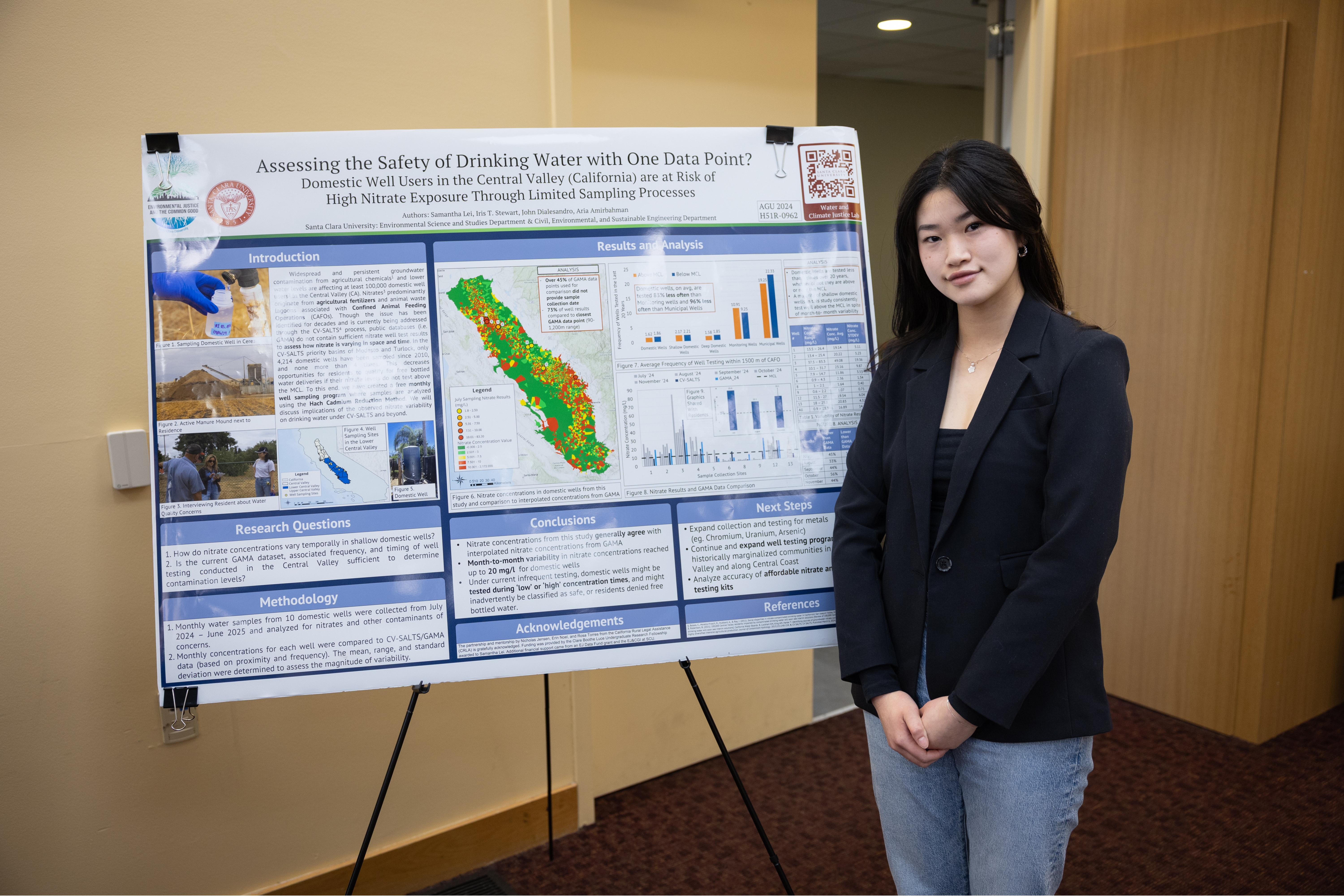 A student stands in front of their research poster involving nitrate exposure during the 2025 Sustainability and EJ Symposium.