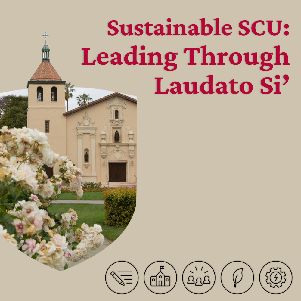 Picture of SCU Mission Church and the text Sustainable SCU: Leading Through Laudato Si.
