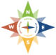 A green, blue, yellow, and red compass with the words, Nature, Environment, Society, and Well-Being written inside