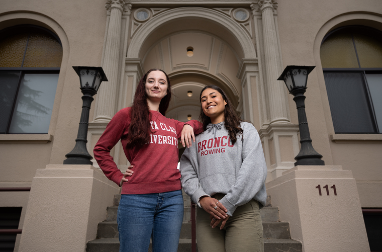 Emily Pachoud '23 and Ana Martinez '23 have been researching disability accessibility in climate disaster planning in SCU's O'Connor Hall. Photo by Jim Gensheimer.