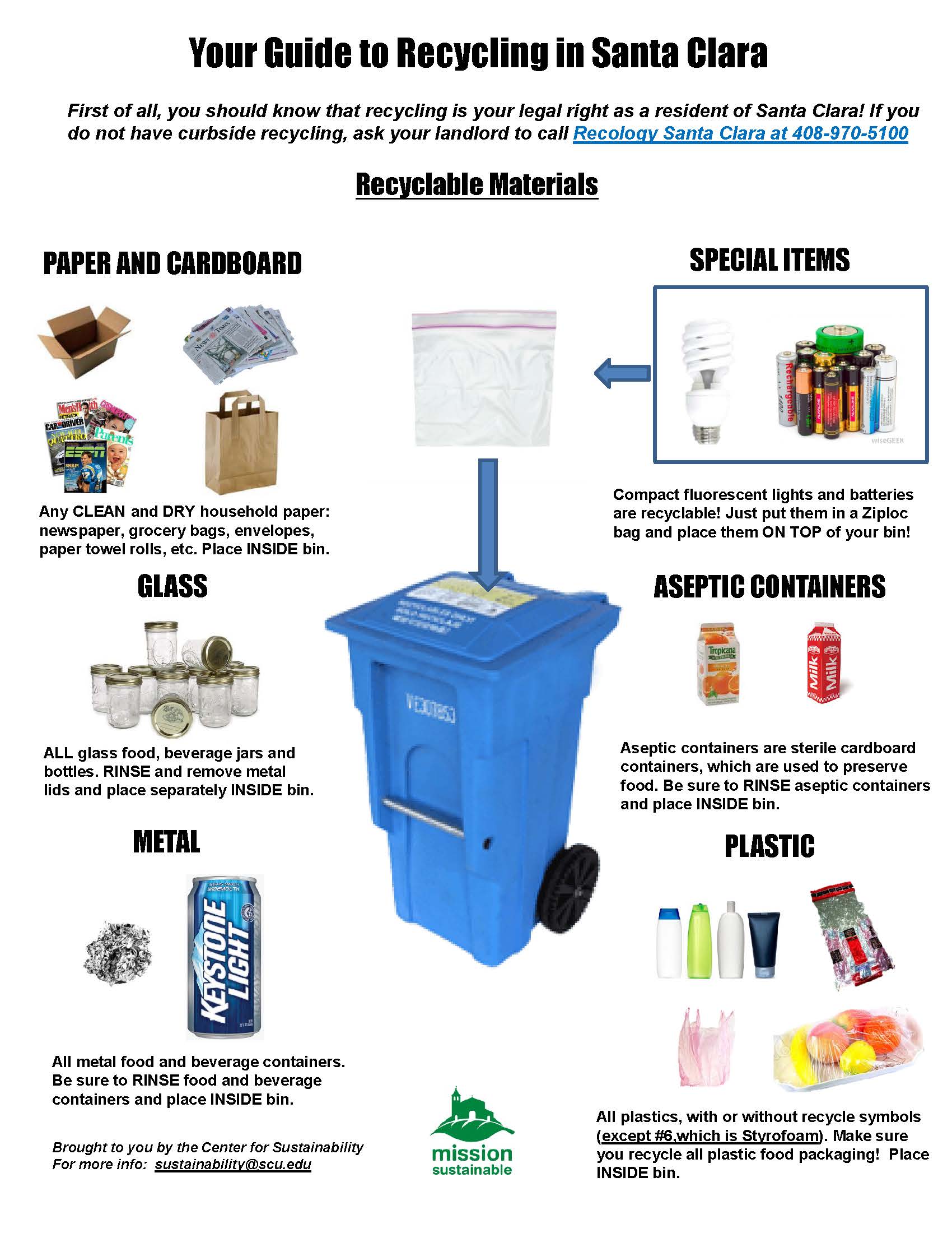 Santa Clara Recycling Guide showing acceptable recyclables for blue bin and non-recyclable items.