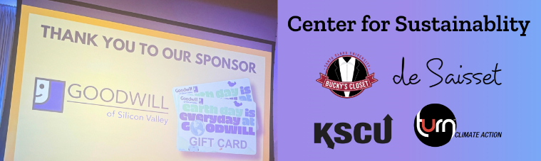 Logos of EcoFashion Show 2026 partners Center for Sustainability, Bucky's Closet, de Saisset, KSCU, and turn climate action, and a screen showing Thank you to our sponsor with Goodwill of Silicon Valley logo and gift cards.