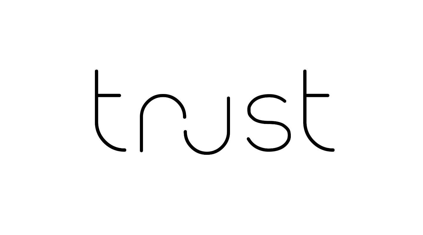 The word, trust, written in a thin curved style 