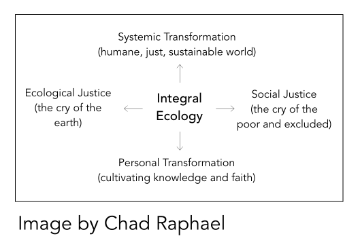 Graphic showing integral ecology at intersections of systemic and personal transformation and ecological and social justice