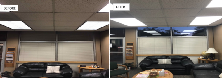 LED Lights Before & After Photo of Campus Ministry Lobby. Photo courtesy of Kevin Jenkins, SCU Energy Manager. image link to story
