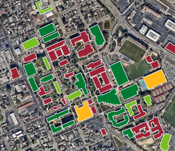 Aerial map showing SCU buildings and their energy efficiency features 