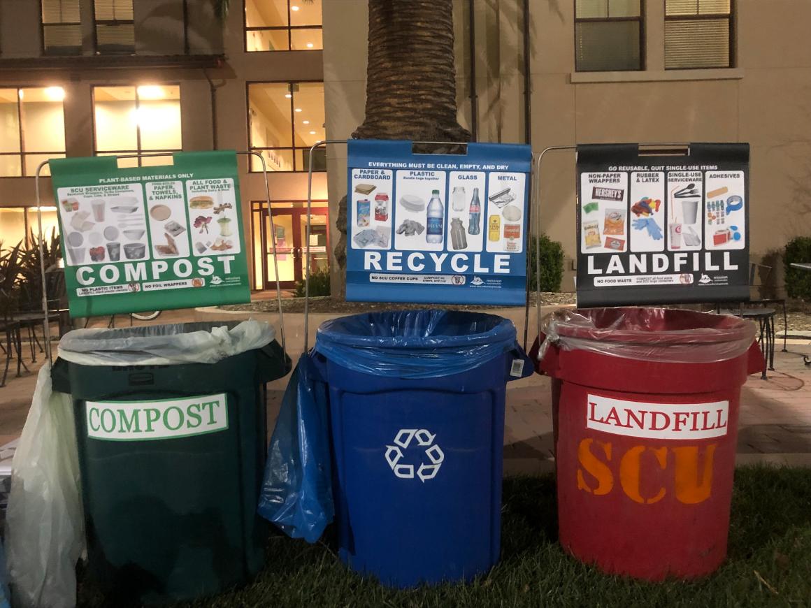 Waste diversion bins and signs at campus events