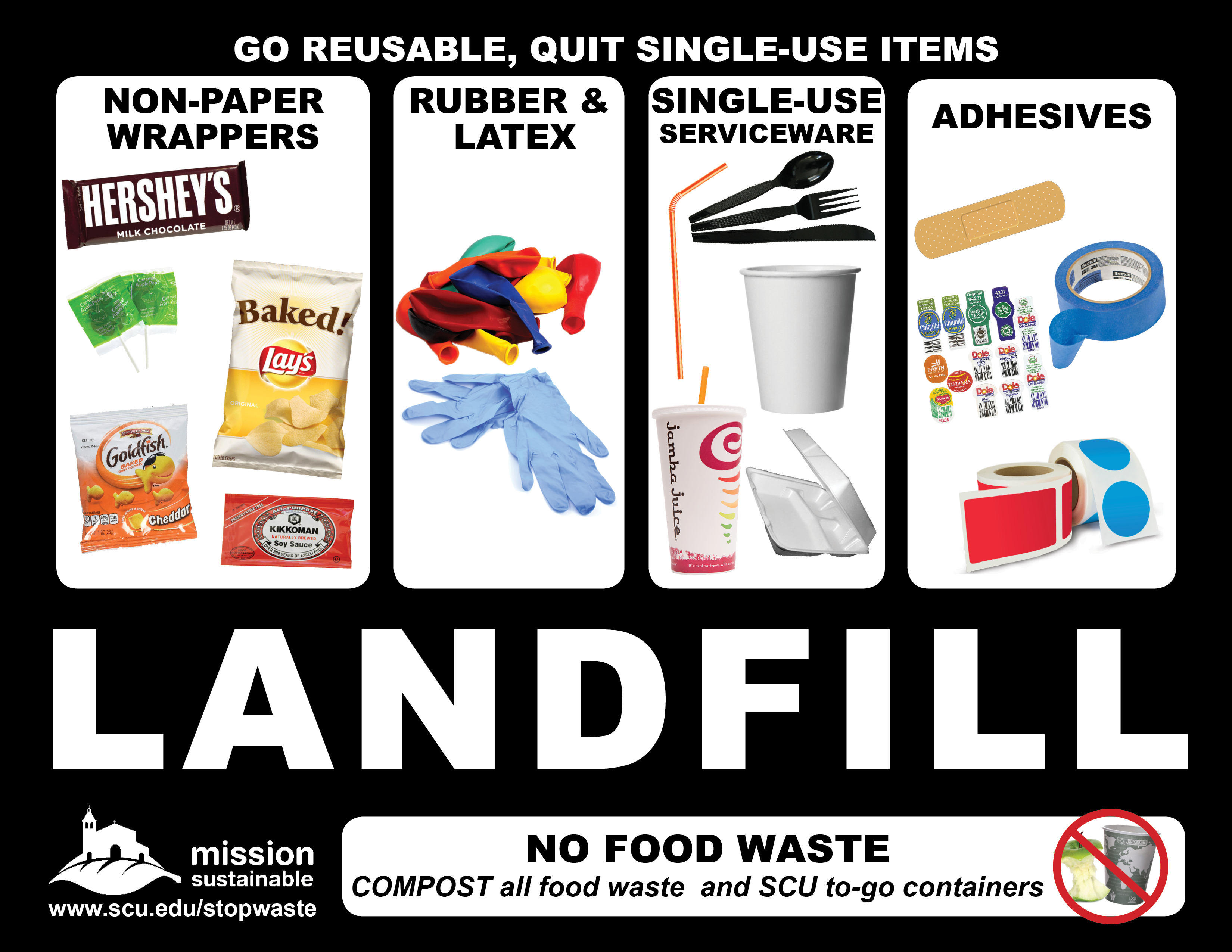Pictures of items that must be sent to the landfill, including single-use serviceware, adhesives, and non-paper wrappers - Single-use serviceware, latex, adhesives, and non-paper wrappers Link to file