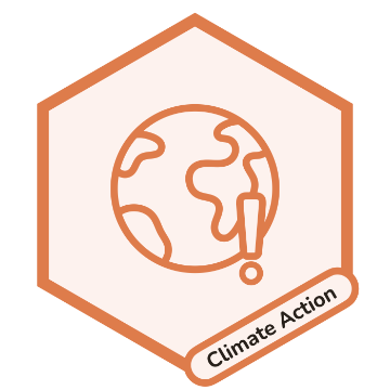Climate Action Badge with an icon of the earth with an exclamation point