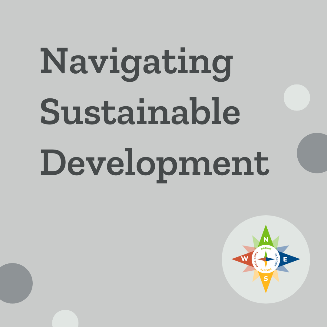 The words, Navigating Sustainable Development, next to a compass graphic