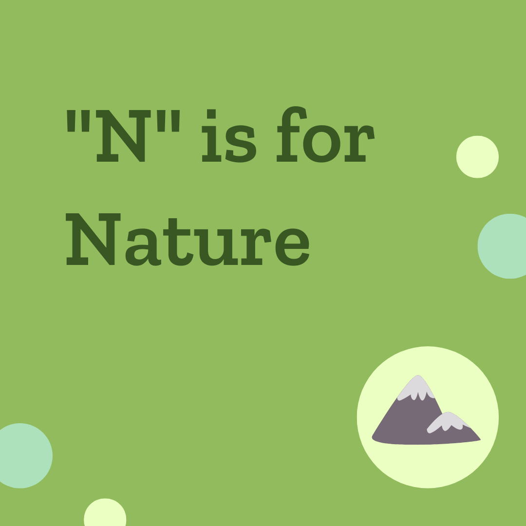 The words, N is for Nature, next to an illustration of a mountain