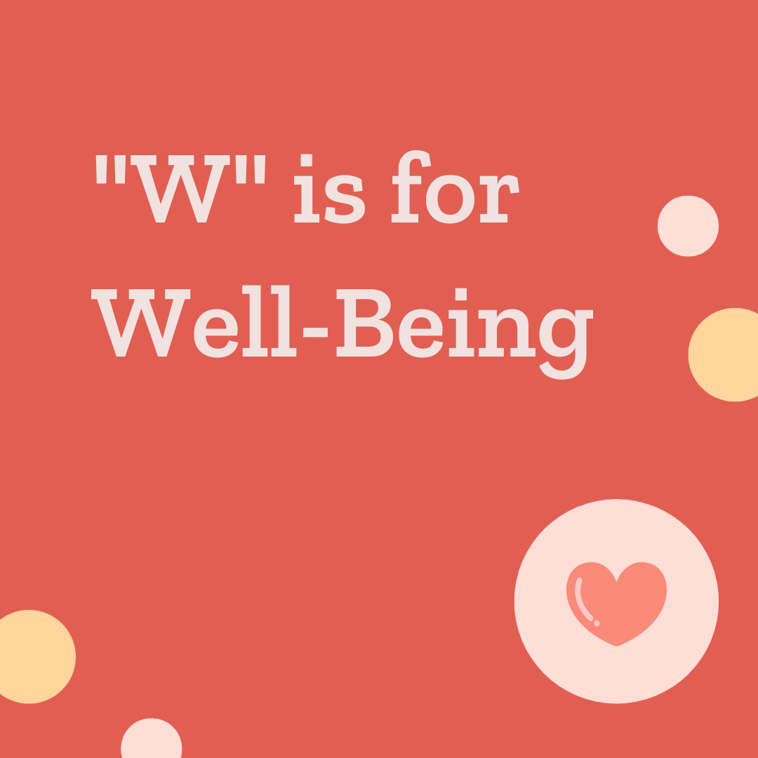 The words, W is for Well-Being, next to an illustration of a heart
