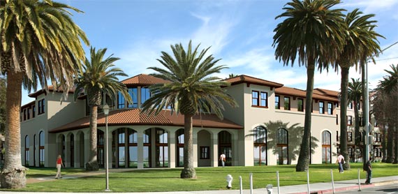 Graham Hall building at Santa Clara University surrounded by palm trees.
