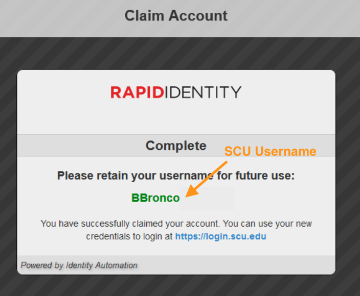 Account Claim - Completed with SCU Username