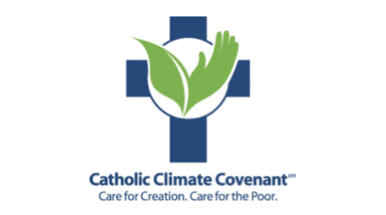 Catholic Climate Covenant, Care for Creation, Care for the Poor, below a blue cross with a green leaf & hand in the center