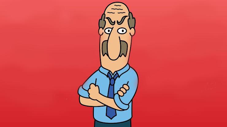 A cartoon illustration of a bald man with a mustache crossing his arms in front of a red background