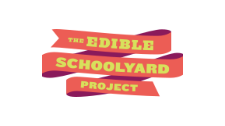 The words, THE EDIBLE SCHOOLYARD PROJECT, written in yellow-green on a bright salmon-colored banner