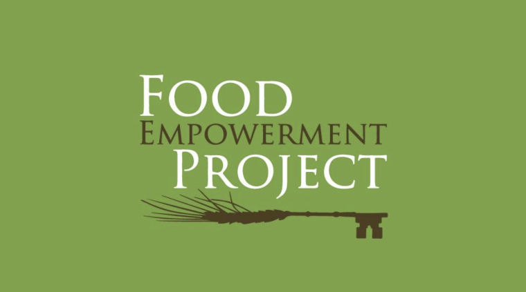 The words FOOD EMPOWERMENT PROJECT written against a  green background with an ear of wheat shaped like a key at the tip