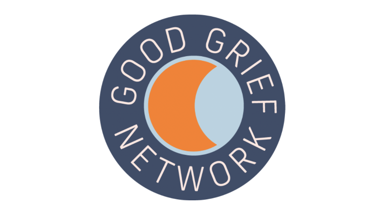 An orange moon in a light blue circle with the words, GOOD GRIEF NETWORK, written in a navy blue outer circle