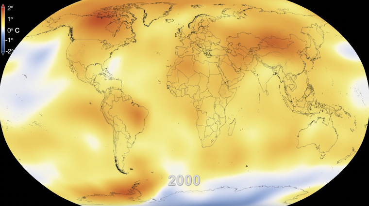 A color-coded map of global surface temperatures in the year 2000