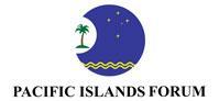 The words, Pacific Islands Forum, under a dark blue circle forming a wave surrounding a palm tree