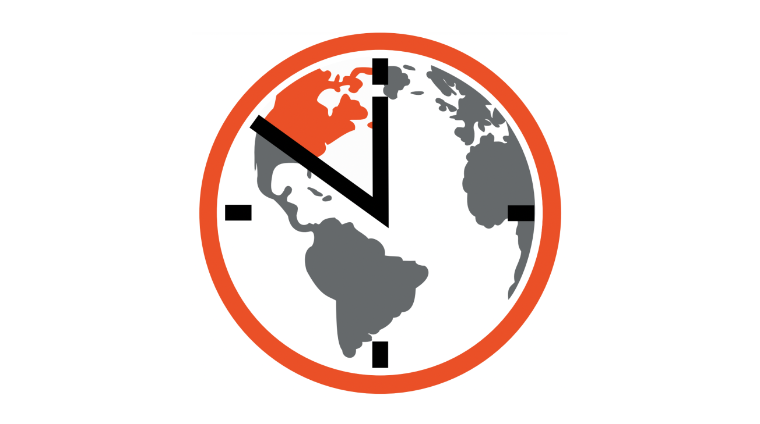 A white and grey earth outlined in a red circle with clock hands displaying time running out