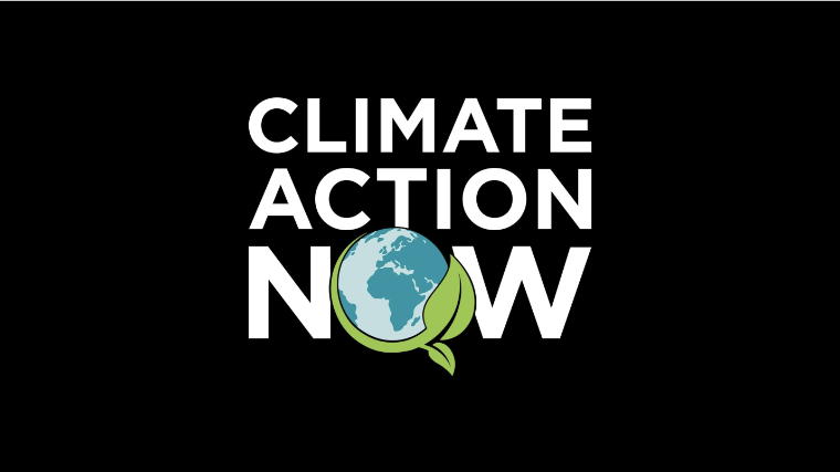 The words, CLIMATE ACTION NOW, with a blue earth circled by a green leaf in the O