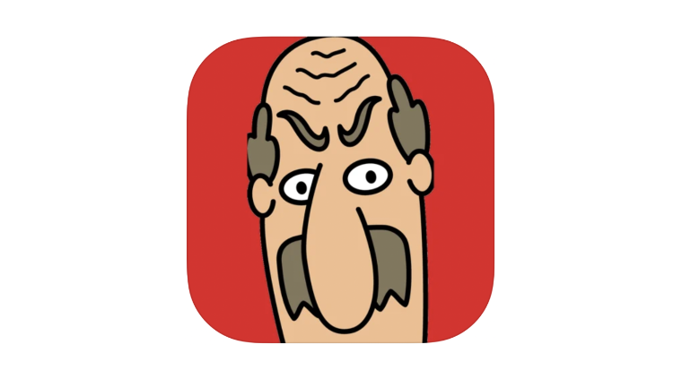 A red rounded square with a cartoon illustration of a frowning bald man with a mustache