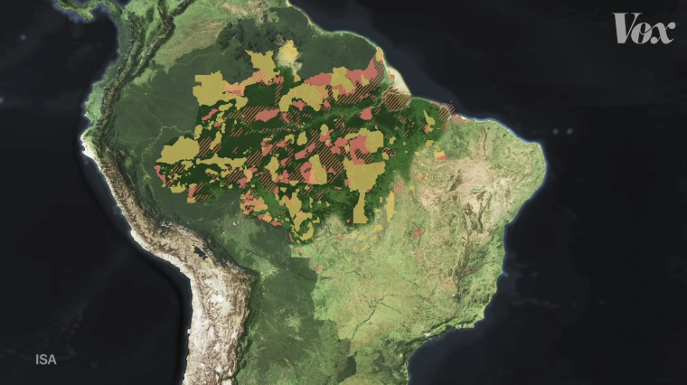 A map of Brazil with different colored patches showing areas of protected land in the rainforest