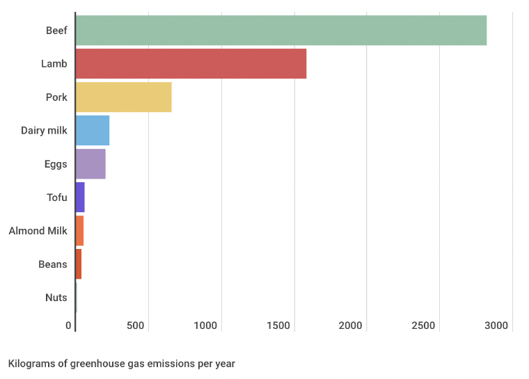 A colorful bar chart showing the carbon emissions of different protein sources, with beef ranking the highest