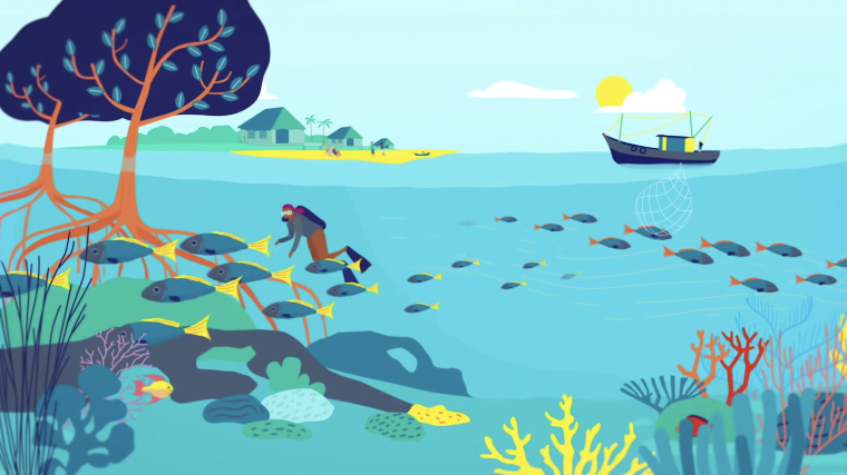 An illustration of the ocean with schools of fish, bright coral reefs, a fishing boat, mangroves, and a coastal community