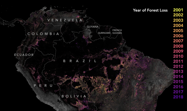 A map of South America with colored dots to illustrate areas of the Amazonian rainforest lost from 2001 to 2018