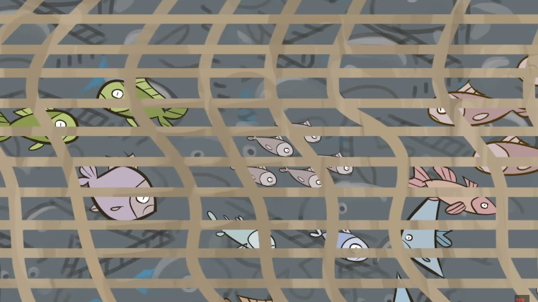 An illustration of different colorful fish caught in a large brown net