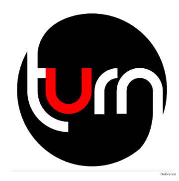 A circular black logo with tUrn in red and white.