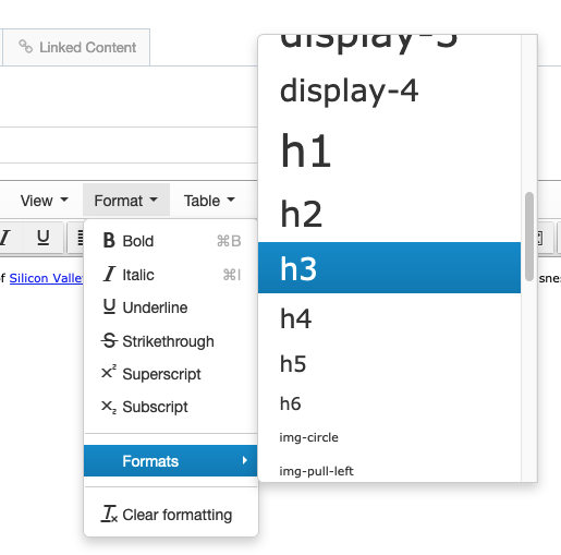 screenshot of format toolbar heading sizes