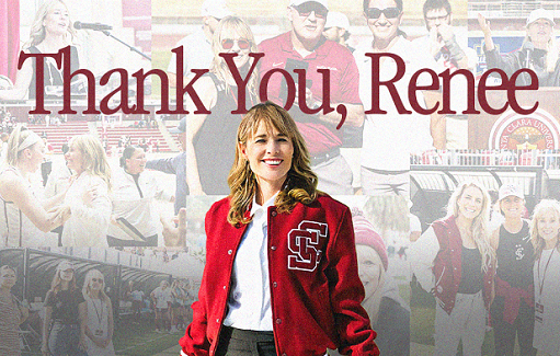 A woman in red letterman's jacket with the words Thank You, Renee