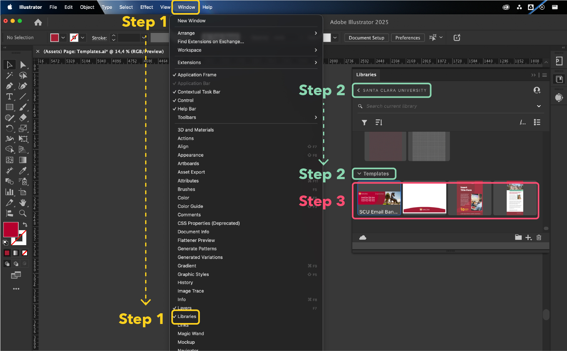 Demonstration of 3 steps how to access Adobe Libraries design template